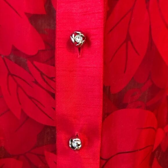 Sheer Button Down L* Floral Red Rhinestone Valentines Evening Relaxed Fit Shirt - Picture 7 of 7